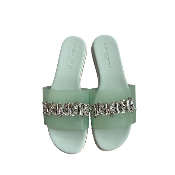 KARL LAGERFELD Mint Green Jeweled Rhinestone Slide Sandals Size 7 - Picture 6 of 10